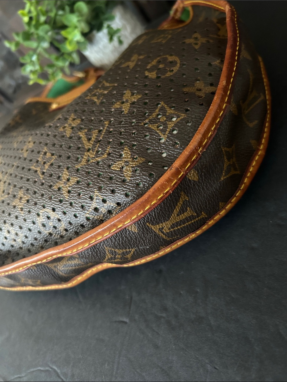 Beautiful Brown Monogram Shoulder Bag with Green Accents - Picture 6 of 17